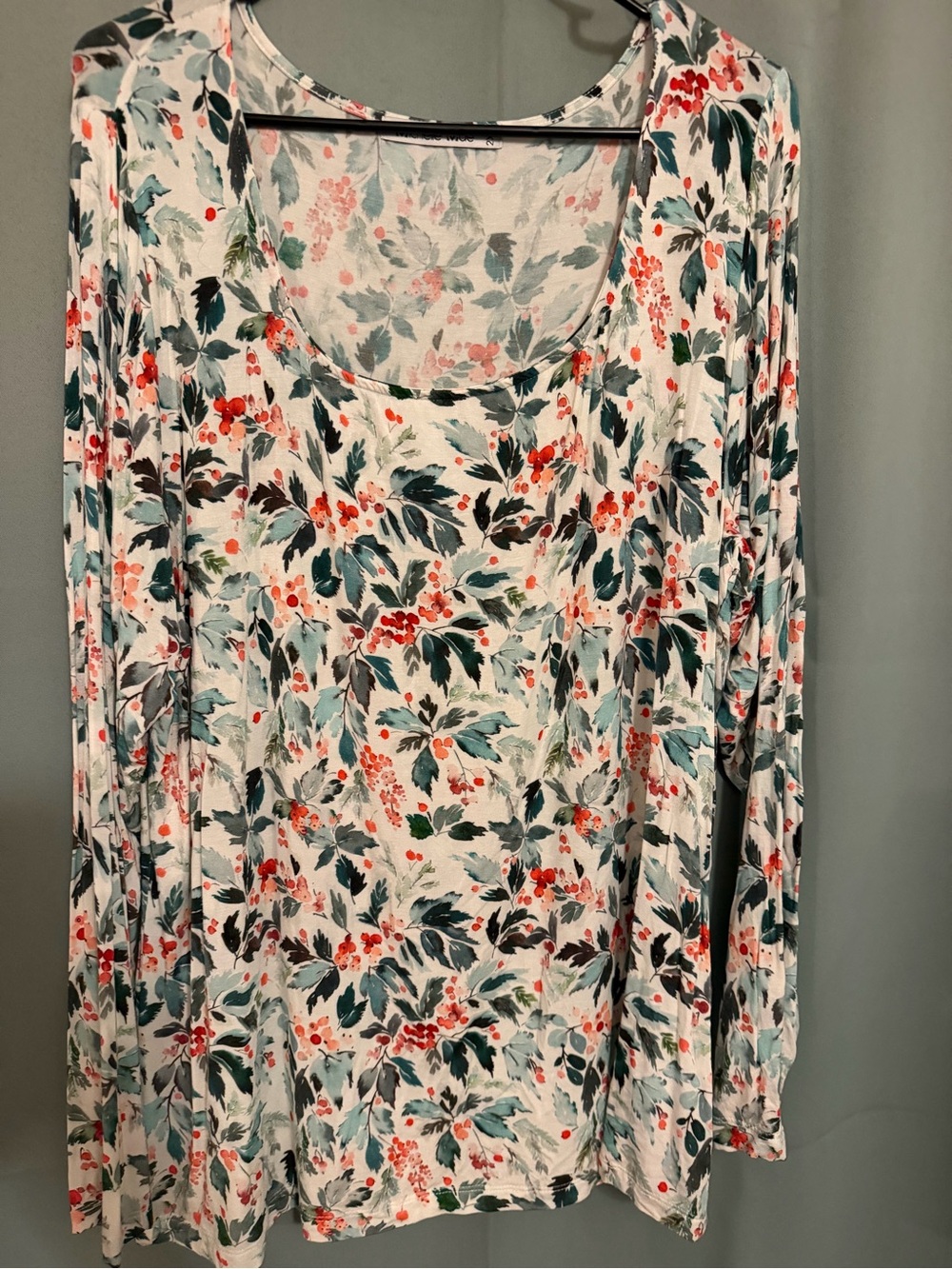 Michelle Mae White Floral Long Sleeve Scoop Neck Top with Teal and Coral Accents